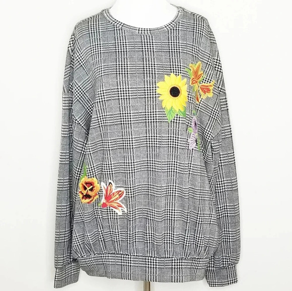 NWT Zara Floral Embroidered Plaid Long Sleeve Top S - Picture 1 of 7